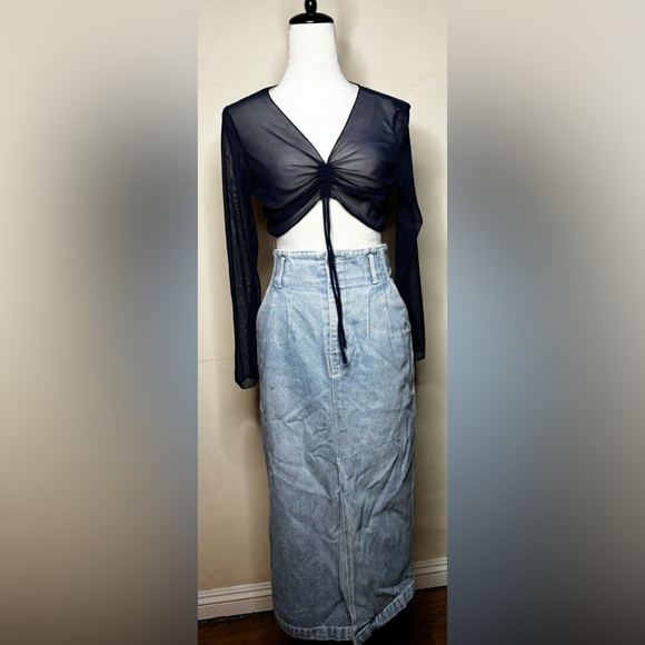 Mesh Sheer long Sleeve Crop Top with ties underbust v neck fishnet ruched noir - Picture 8 of 8